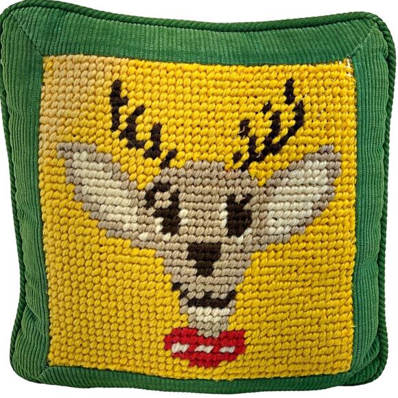Needlepoint Reindeer Deer 10" Pillow Corduroy Back JOHN DEERE Green Christmas - Picture 1 of 3